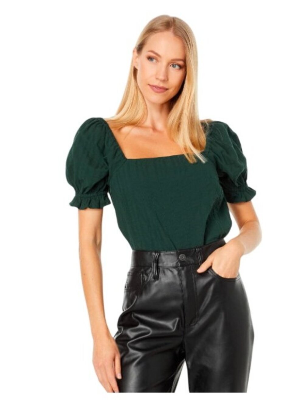 Madewell Hopewell Top Women's Small Green Puff Sleeve Cropped Square Neck